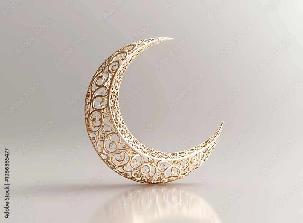 Poster 3d rendering of a ramadan crescent moon icon, isolated on a light background with reflection. ramada