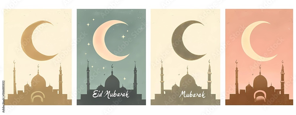 Fototapete a set of four vector illustrations featuring ramadan kareem elements like a crescent moon, mosque si