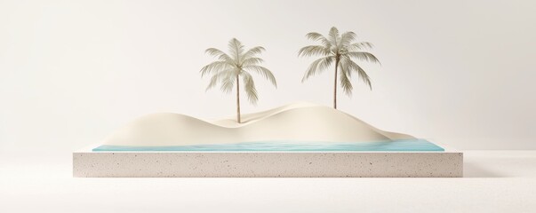 Fototapeta premium Desert oasis with palm trees, turquoise water, sand dunes in background, serene and peaceful getaway, 3D illustration