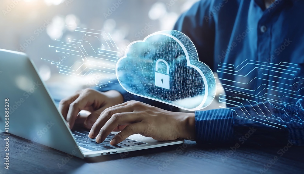 Poster a man uses a laptop with a holographic cloud icon above symbolizing cloud computing data storage