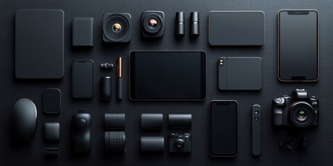 Flat lay of black tech gadgets and accessories on a dark surface