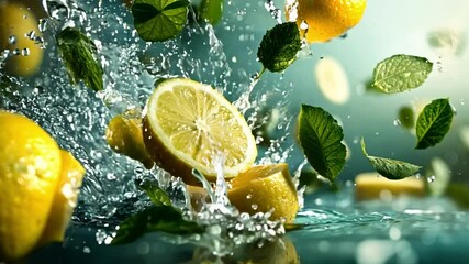 Fresh lemon slices and mint leaves splash through water in mid-air, creating a vibrant and refreshing scene with dynamic motion and zesty energy - Powered by Adobe