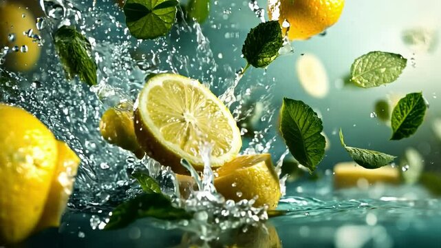 Fresh lemon slices and mint leaves splash through water in mid-air, creating a vibrant and refreshing scene with dynamic motion and zesty energy