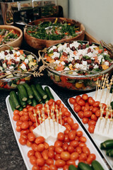 Vegetarian table with a variety of salads, vegetables and cheese.