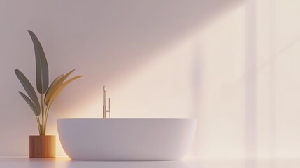Fototapeta premium Minimalist bathroom with freestanding bathtub, wooden accents, plants, and soft lighting, serene and spa-like, 3D illustration