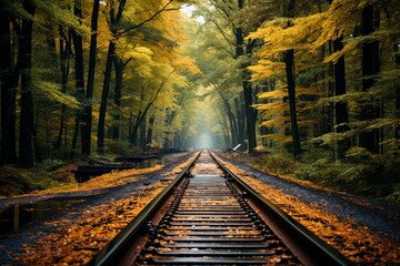 Fototapeta premium Tranquil autumn railway path surrounded by vibrant trees in a serene forest landscape