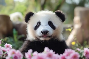 Fototapeta premium A cute panda cub surrounded by pink flowers, showcasing its playful and friendly demeanor in a natural setting.