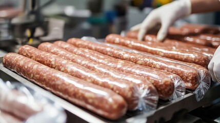 In a bustling sausage production factory, workers engage in the process of packaging freshly made sausages, ensuring quality and efficiency on the assembly line