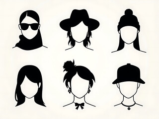 Silhouettes of women with head accessories such as scarves, earrings, and hats.