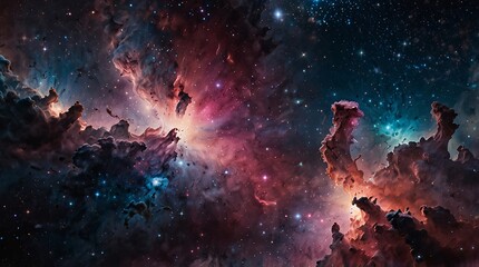Cosmic Dance: A vibrant nebula swirls with celestial dust and gas, illuminated by distant stars, creating a breathtaking tapestry of color and light.