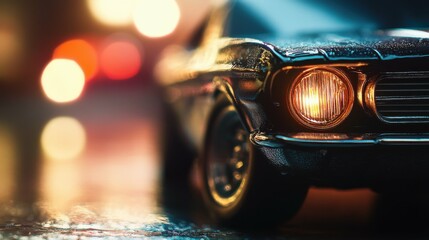 A macro photograph of the toy car's headlight, focusing on the clear plastic and inner detailing, with the rest of the car softly blurred.