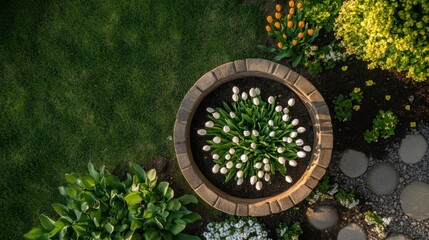A top-down view of a flower bulb planter placed in a garden bed, with bulbs nearby. The focus is on the planter design and features.