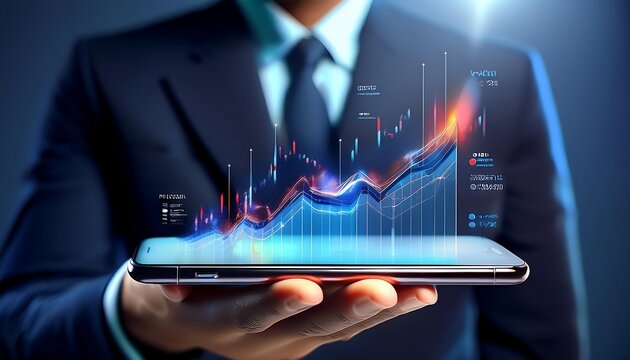 Close-up of a phone with digital marketing graphs and successful strategy charts