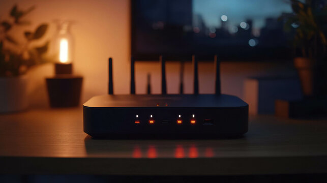 A top-down view of a router sitting on a desk, with blinking lights indicating connectivity. The focus is on the design and ports.