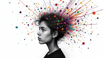 Artistic profile with powerful energy lines and splashes, representing ADHD, cognitive intensity, stress, and mental energy.