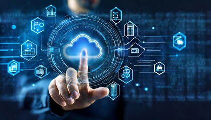 Fototapeta premium Finger-touch digital interface with cloud and server icons, surrounded by other technology-related symbols.