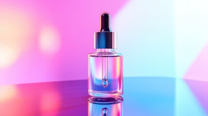 A clear dropper bottle for cosmetics placed on a clean surface, bathed in soft lighting, with a vibrant, full-colored background enhancing the bottle's elegance and clarity.