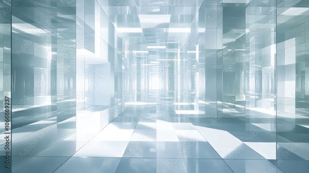 Poster a futuristic labyrinth made of mirrors and white grid patterns, casting soft light and deep shadows,