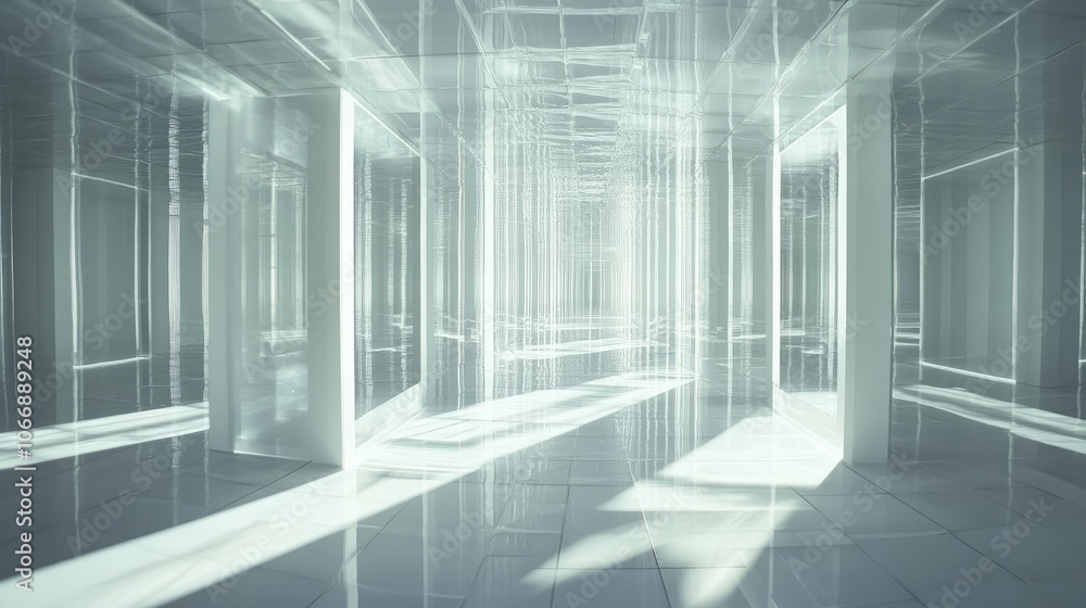 Fototapete a futuristic labyrinth made of mirrors and white grid patterns, casting soft light and deep shadows,