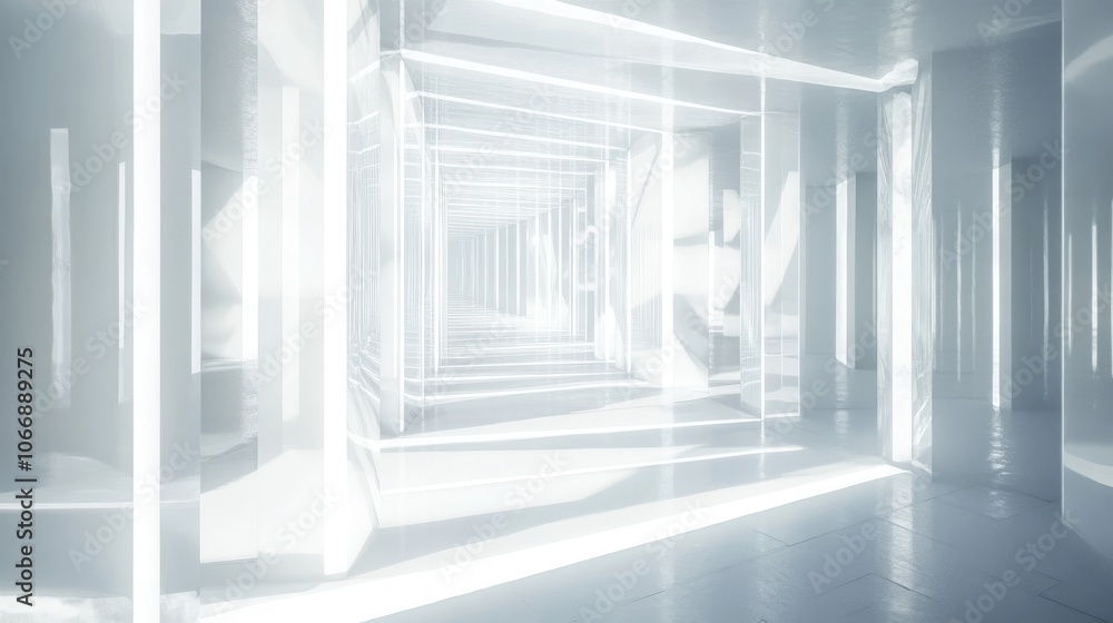 Poster a futuristic labyrinth made of mirrors and white grid patterns, casting soft light and deep shadows,