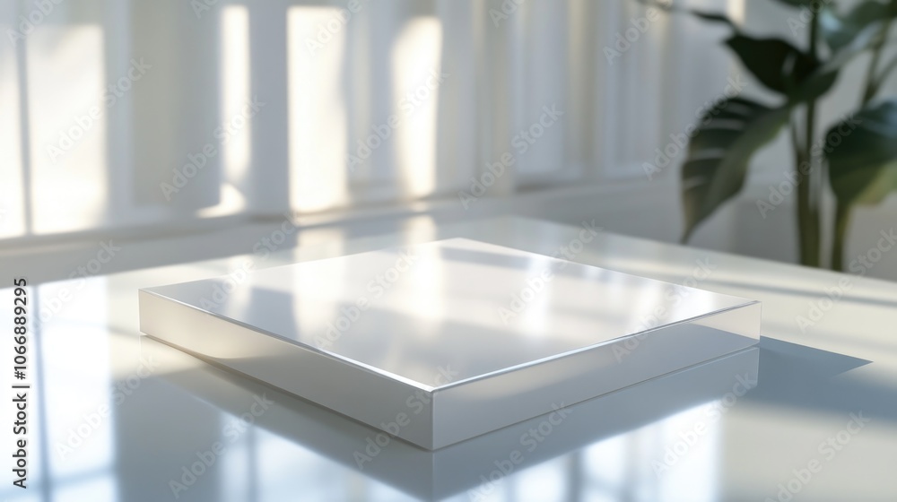 Poster a glossy white square on a smooth surface, with gentle light and shadow interplay creating a minimal