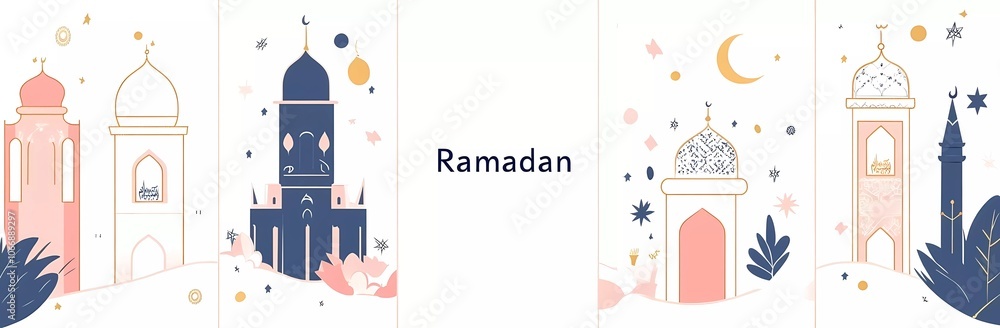 Fototapete set of simple line art vector designs with ramadan elements, minimalistic and flat style, pastel col