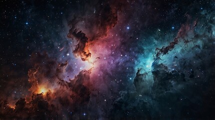 Fototapeta premium Cosmic Symphony: A mesmerizing nebula, ablaze with vibrant hues of red, blue, and purple, dances across the canvas of the cosmos. Its ethereal glow, punctuated by the twinkling of countless stars.