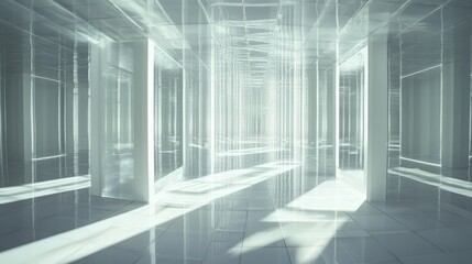 Obraz premium A futuristic labyrinth made of mirrors and white grid patterns, casting soft light and deep shadows, creating a surreal and abstract visual.