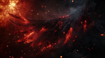 Burning angelic wings consumed by dark red and black flames. 