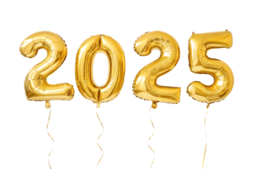 Golden balloon 2025 new year celebration isolated on transparent background.

