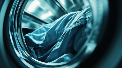 A low-angle view of a dryer in action, showing clothes tumbling inside. The background is softly blurred to add depth.