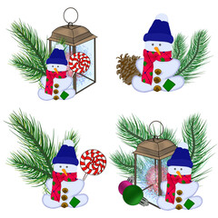 New Year's and Christmas Illustrations with a Snowman.