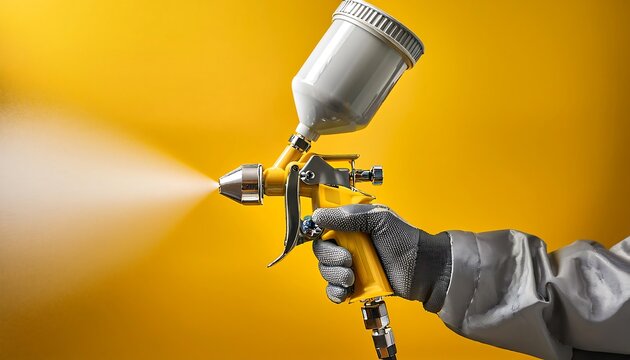 Hands wearing protective gloves and using a paint spray gun, spraying paint in a mist on a yellow background.