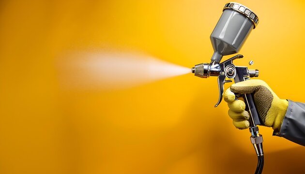 Hands wearing protective gloves and using a paint spray gun, spraying paint in a mist on a yellow background.