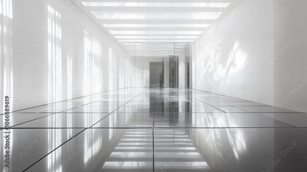Poster a mirror-filled labyrinth in a white room with a grid floor, light reflecting across surfaces, and d