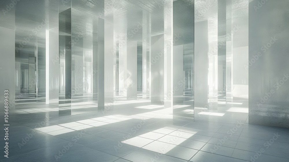 Poster a mirror-filled labyrinth in a white room with a grid floor, light reflecting across surfaces, and d