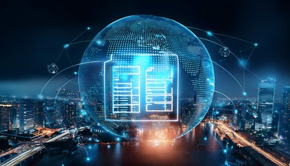 Holographic globe with digital document icons representing global data storage, overlaid on a nighttime cityscape.