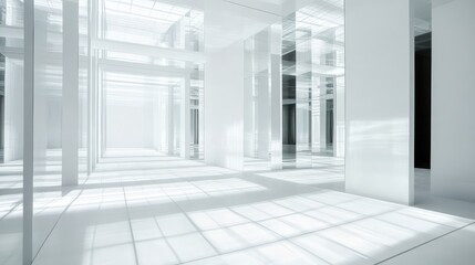 Fototapeta premium A mirror-filled labyrinth in a white room with a grid floor, light reflecting across surfaces, and deep shadows creating a sense of depth.