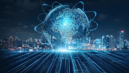 Holographic globe with digital document icons representing global data storage, overlaid on a nighttime cityscape.