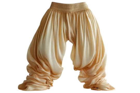 Soft beige harem pants displayed on a white background for a stylish casual look