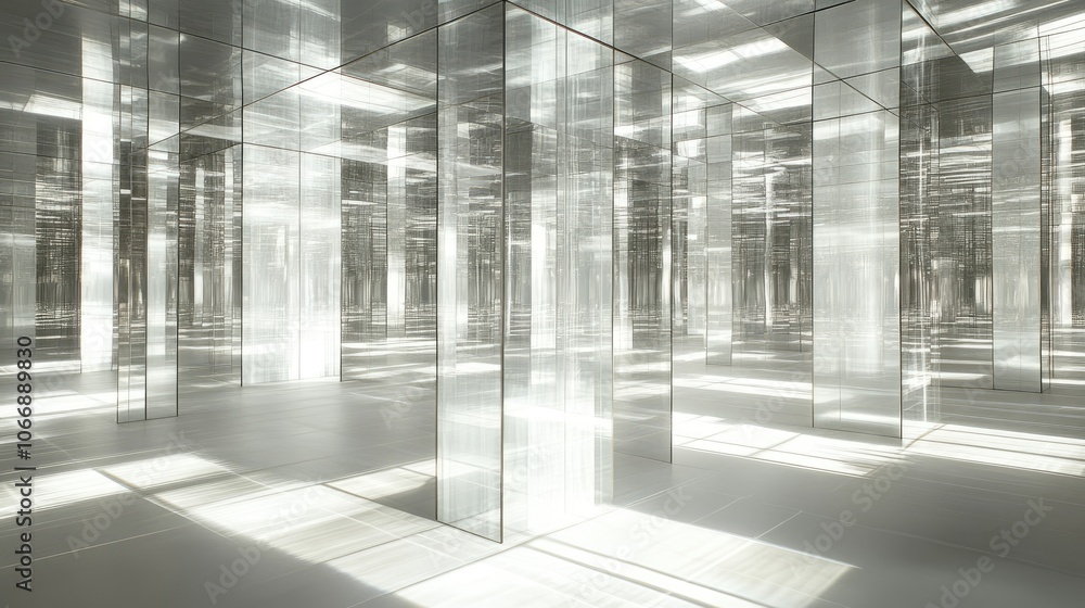 Poster a reflective labyrinth of mirrors arranged in a grid pattern, with white surfaces casting intricate 