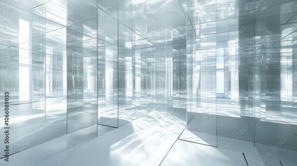 Poster a reflective labyrinth of mirrors arranged in a grid pattern, with white surfaces casting intricate 
