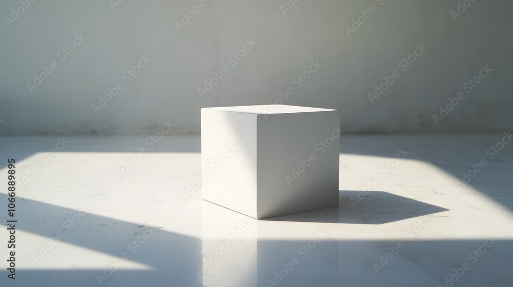 Poster a reflective white square casting soft shadows on a clean surface, creating depth and a minimalist, 