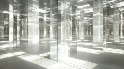 Obraz premium A reflective labyrinth of mirrors arranged in a grid pattern, with white surfaces casting intricate light and shadow patterns throughout.