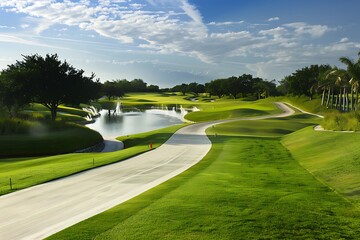 A picturesque golf course with a long winding cart path leading through lush fairways and past sparkling water hazards under a bright blue sky