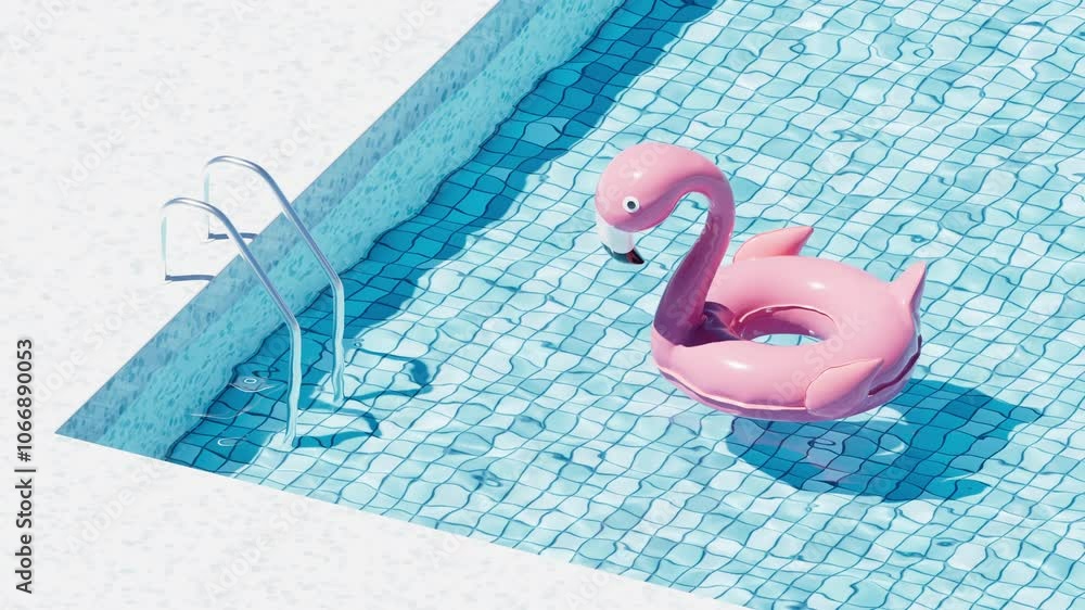 Poster swimming pool and floating flamingo, 3d rendering.
