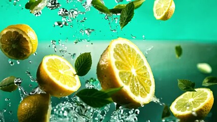 Fresh lemon slices and mint leaves splash in mid-air with water droplets, creating a vibrant, refreshing scene full of zesty energy and vivid colors
