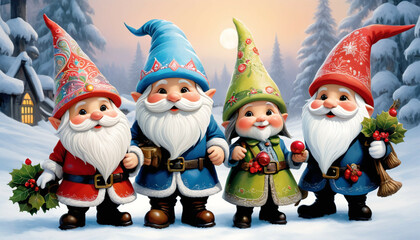 A whimsically enchanting group of holiday gnomes, in Christmas festive.