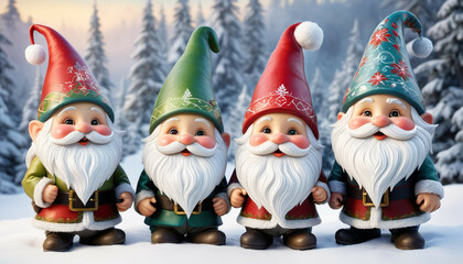 A whimsically enchanting group of holiday gnomes, in Christmas festive.