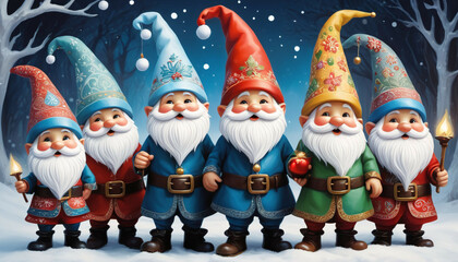 A whimsically enchanting group of holiday gnomes, in Christmas festive.